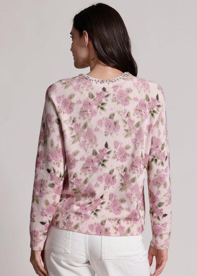 Minnie Rose Cotton Cashmere Printed Crew w/ Jewels