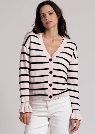 Minnie Rose Cotton Textured Stripe Ruffle Cuff Cardi Light Pink/Black