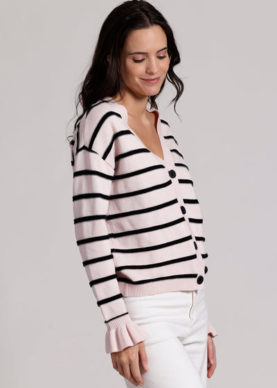 Minnie Rose Cotton Textured Stripe Ruffle Cuff Cardi Light Pink/Black