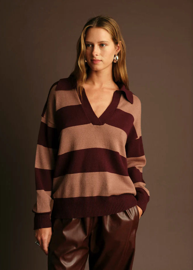 Deluc Nick Polo Sweater Wine w/ Nougat Stripe