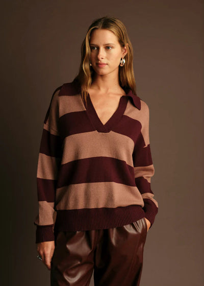 Deluc Nick Polo Sweater Wine w/ Nougat Stripe
