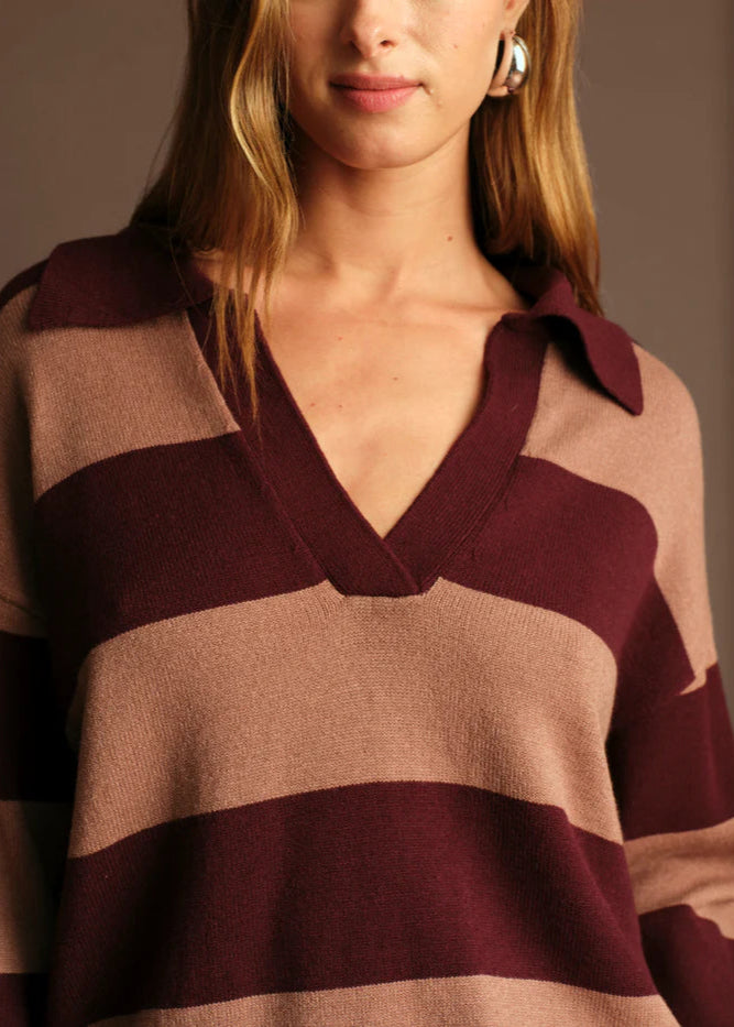 Deluc Nick Polo Sweater Wine w/ Nougat Stripe