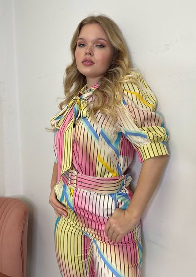 The Pink Door Pouf Sleeve Stripe Blouse - Multicolour