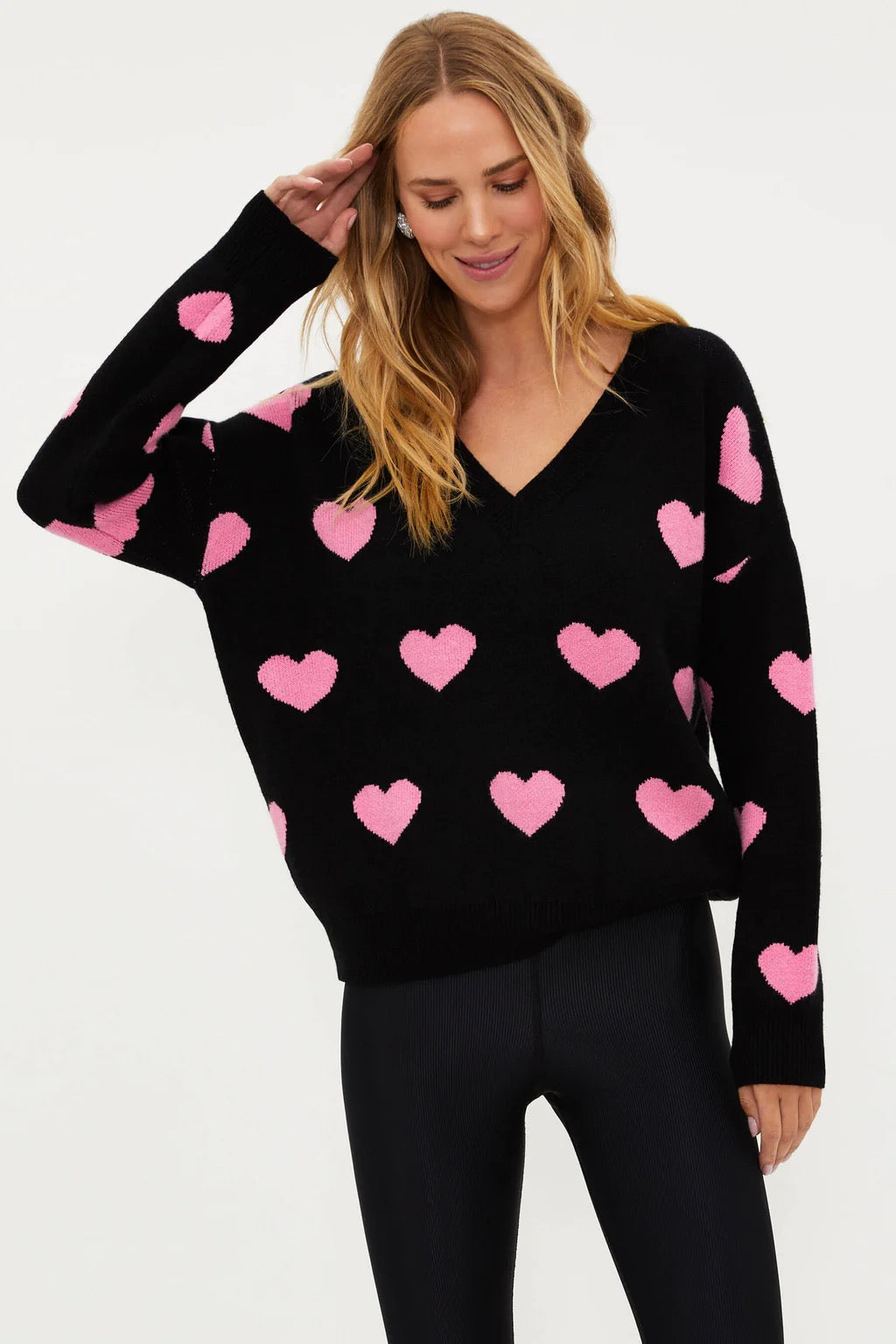 Beach Riot Joey Oversized Sweater w/ Pink Hearts - Black
