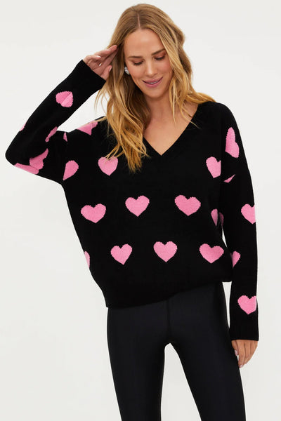 Beach Riot Joey Oversized Sweater w/ Pink Hearts - Black