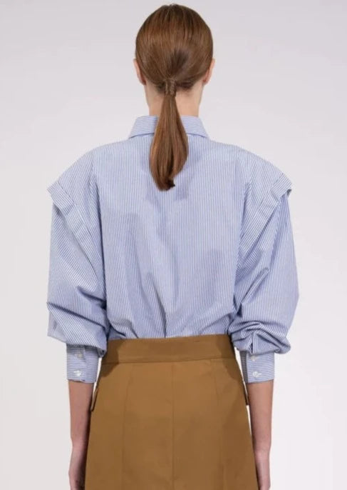 NONCHALANT Helga Padded Shoulder Button Up Shirt - Blue Stripe