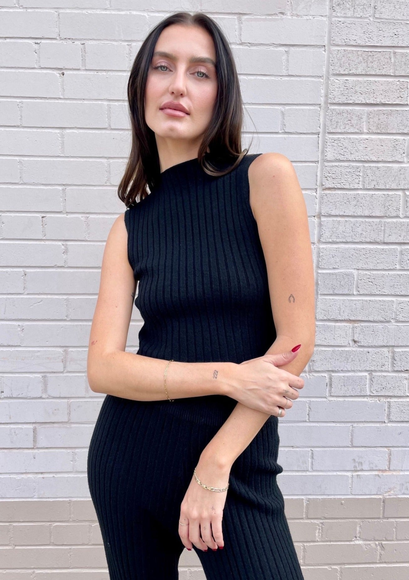 The Pink Door Knit High Neck Sleeveless Tank - Black