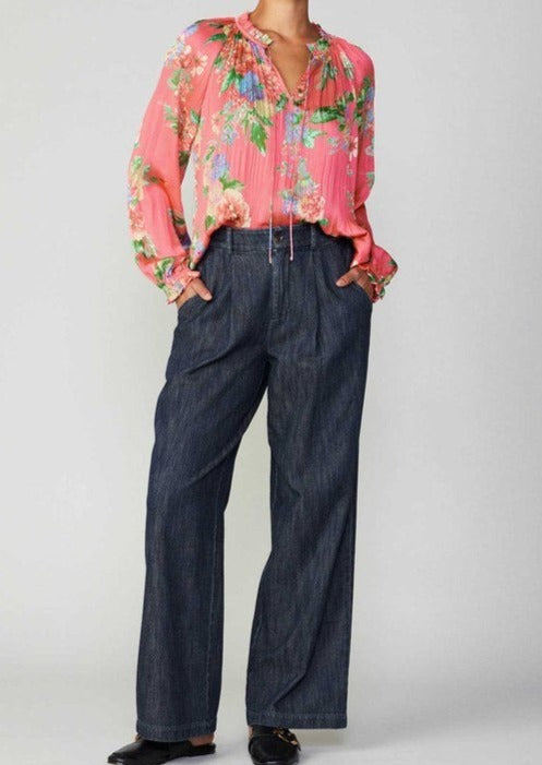 The Pink Door Relaxed Fit Pleated Floral Blouse - Coral