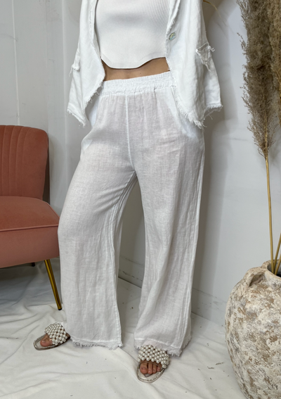 The Pink Door Linen Pants w/ Fray Trim - White