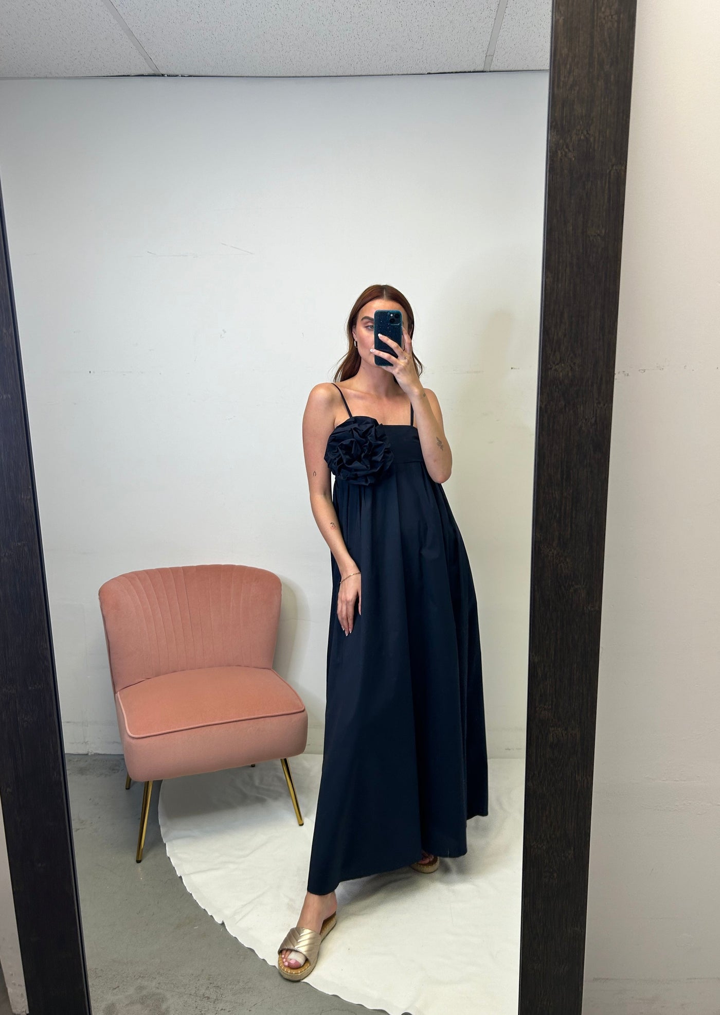 The Pink Door Cotton Maxi Rosette Dress - Navy