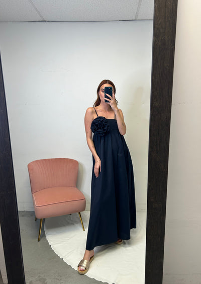 The Pink Door Cotton Maxi Rosette Dress - Navy