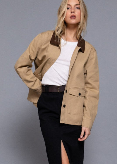 The Pink Door Button Down Shirt Jacket Khaki