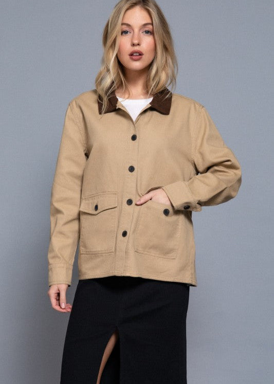 The Pink Door Button Down Shirt Jacket Khaki