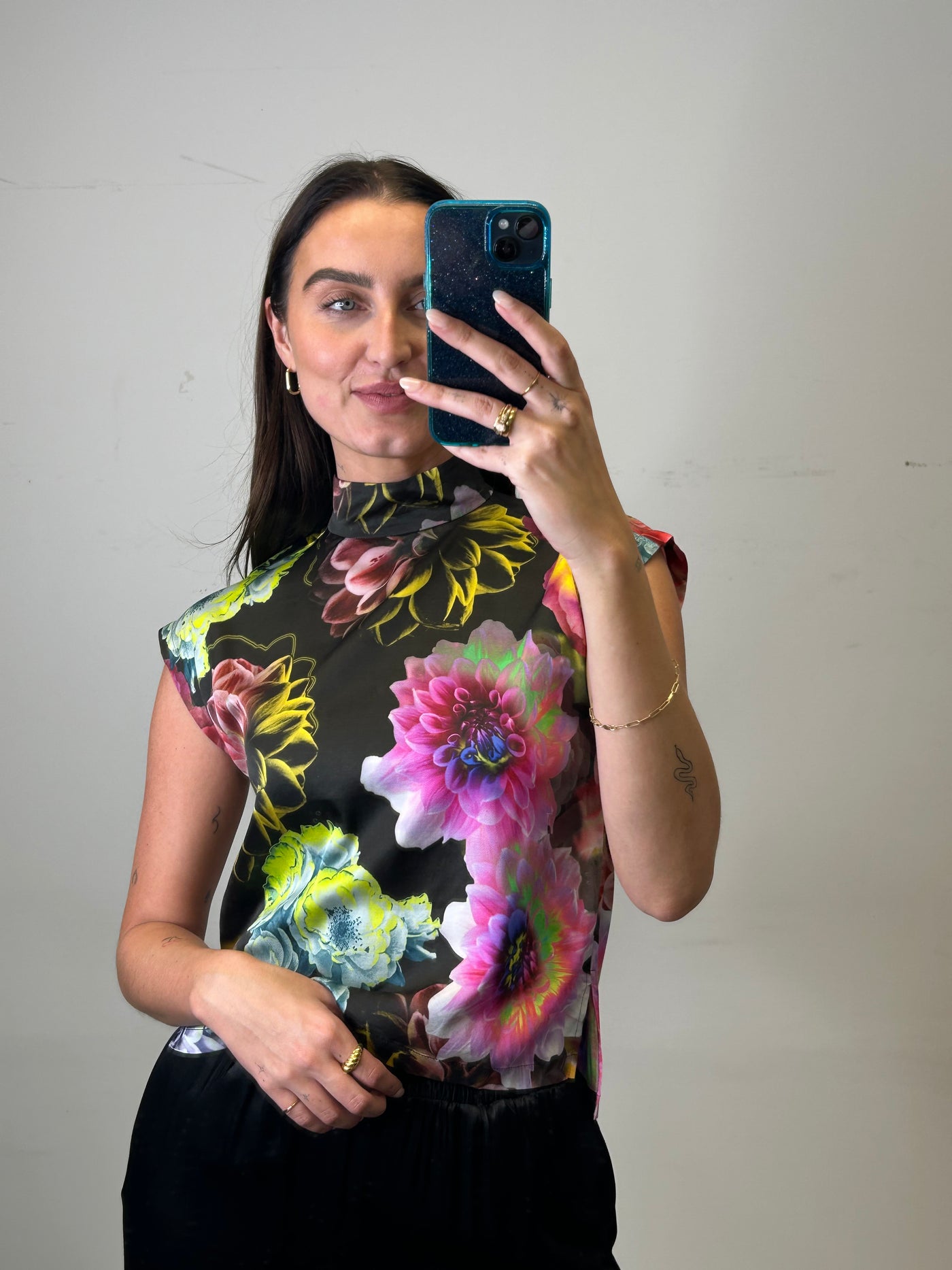 Max Volmary Floral Cuff Sleeve Mockneck Top