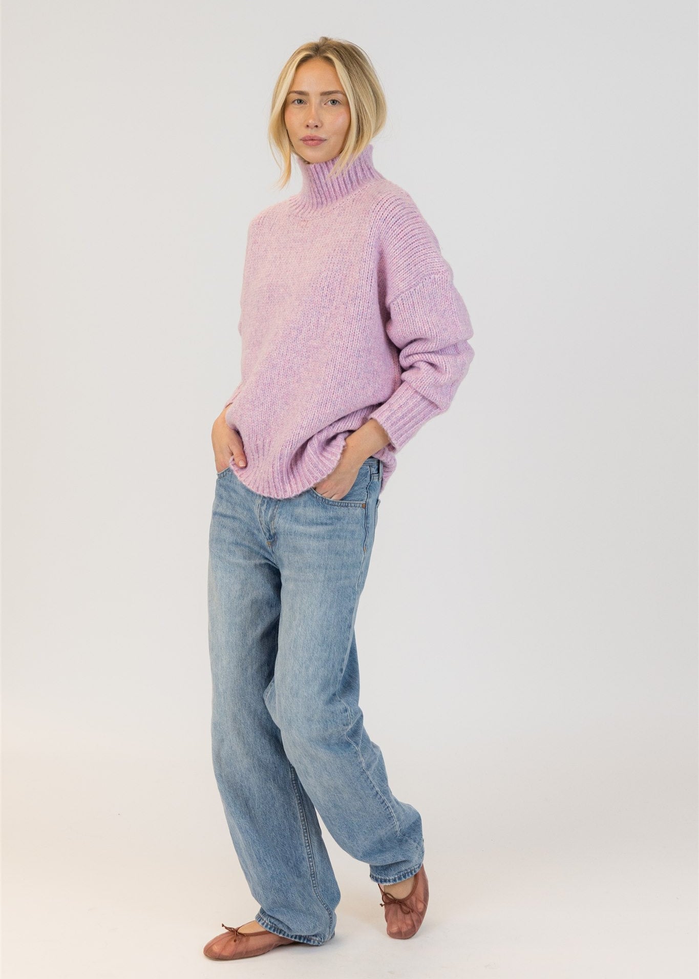 Lyla & Luxe Aggie Mock Neck Ribbed Sweater Pink Mix