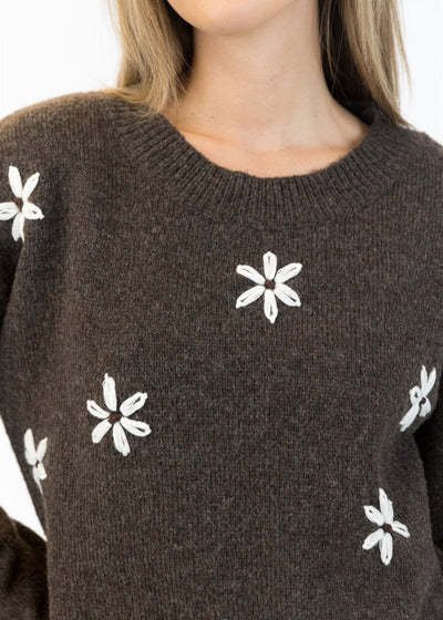 Lyla & Luxe Daisy Crew Neck Pull Over Sweater Dark Brown