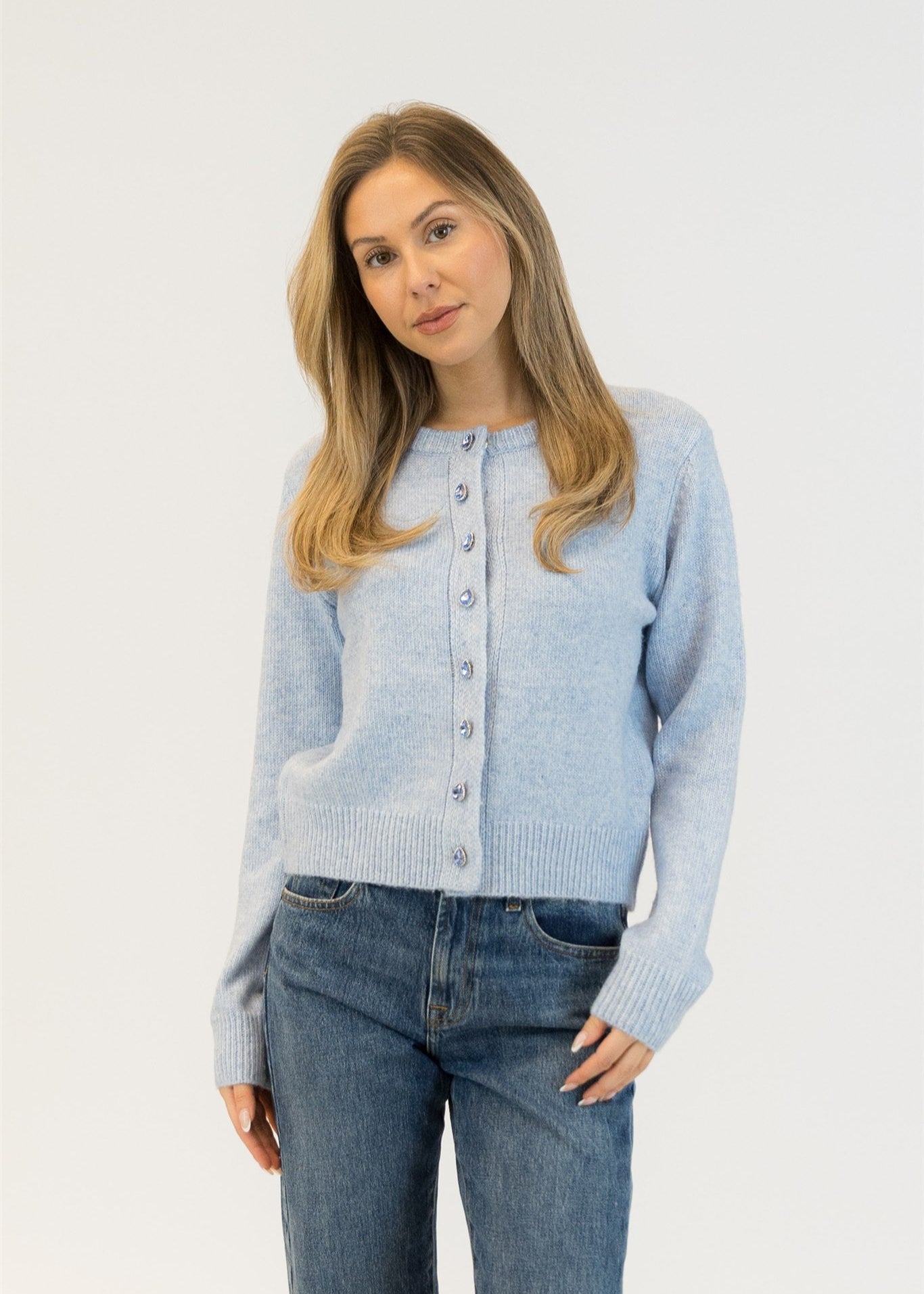 Lyla & Luxe Crystal Buttons Cardi Blue