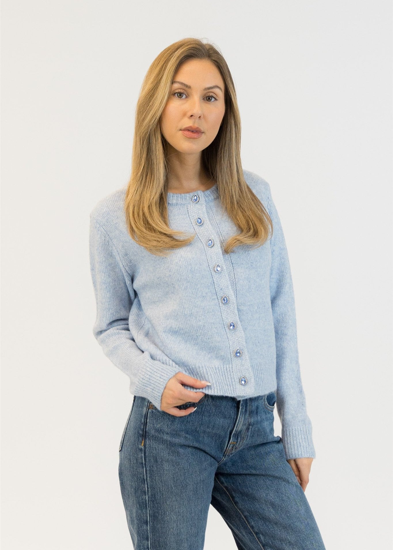 Lyla & Luxe Crystal Buttons Cardi Blue