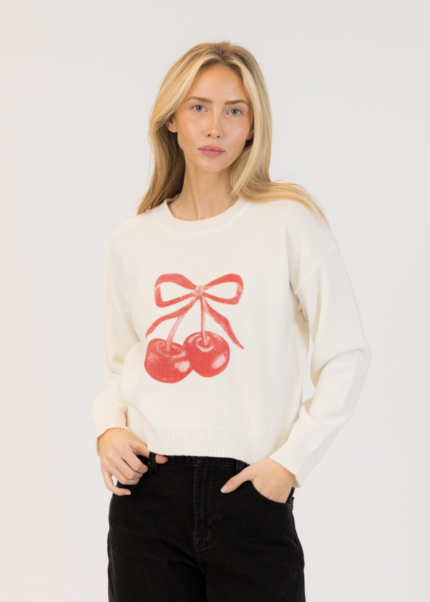 Lyla & Luxe Cherry Crew Neck Pull Over Sweater Off White