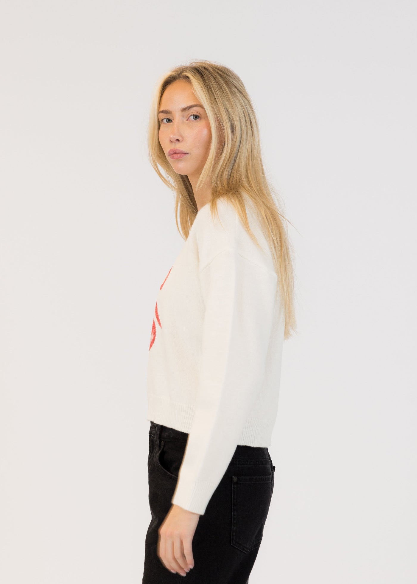 Lyla & Luxe Cherry Crew Neck Pull Over Sweater Off White