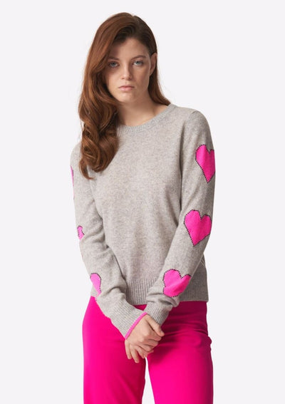 Brodie Pixel Heart Sleeve Cashmere Sweater - Grey/Barbie Pink