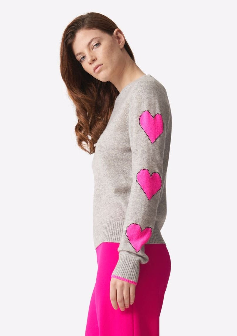 Brodie Pixel Heart Sleeve Cashmere Sweater - Grey/Barbie Pink