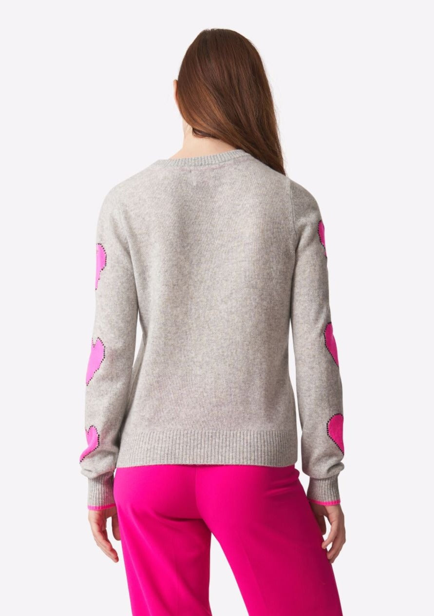 Brodie Pixel Heart Sleeve Cashmere Sweater - Grey/Barbie Pink