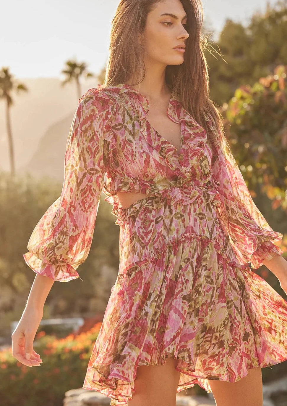 MISA Amanya L/S Waist Cutout Dress - Summer Ikat