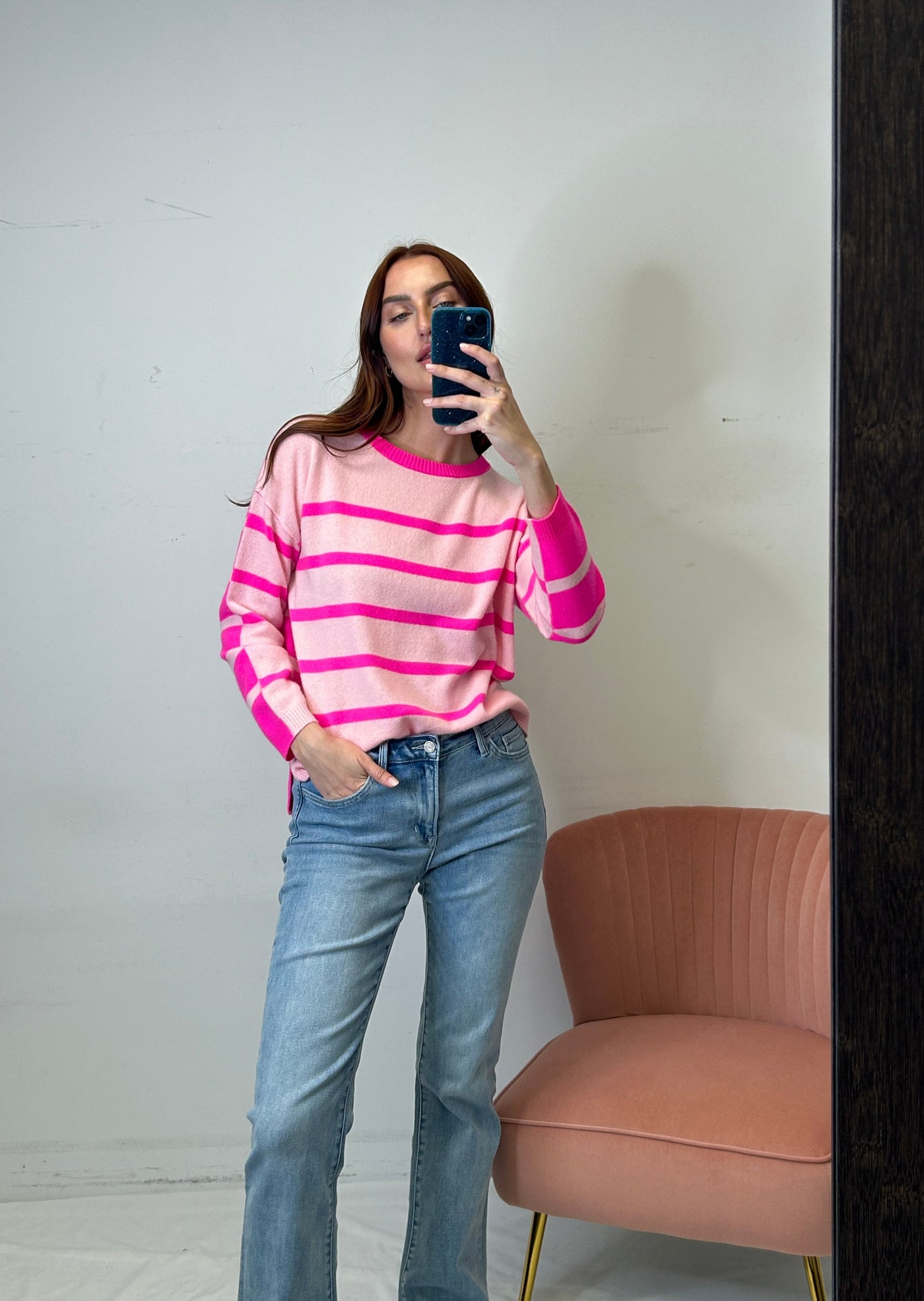 Brodie Two Tone Boxy Stripe Sweater - Cherry Blossom/Barbie Pink
