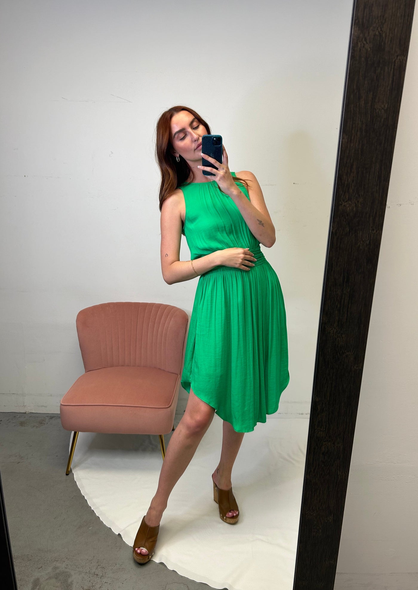 The Pink Door High Neck Silky Dress Green