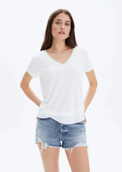 CHRLDR Neon Trim Ava V-Neck Mock Layer T-Shirt - Neon Green