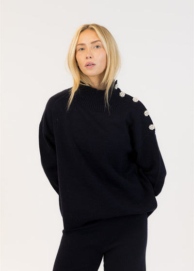 Lyla & Luxe Crystal Buttons Mock Neck Sweater Navy