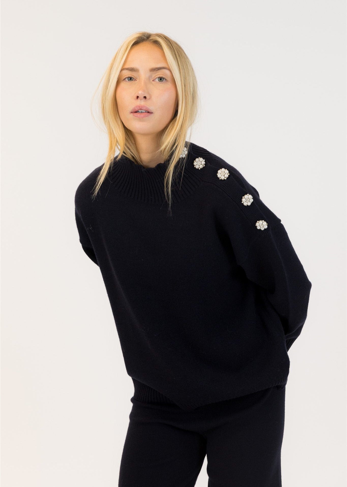 Lyla & Luxe Crystal Buttons Mock Neck Sweater Navy