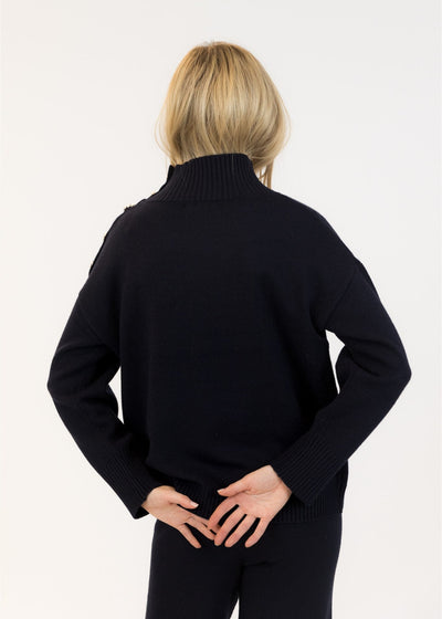 Lyla & Luxe Crystal Buttons Mock Neck Sweater Navy