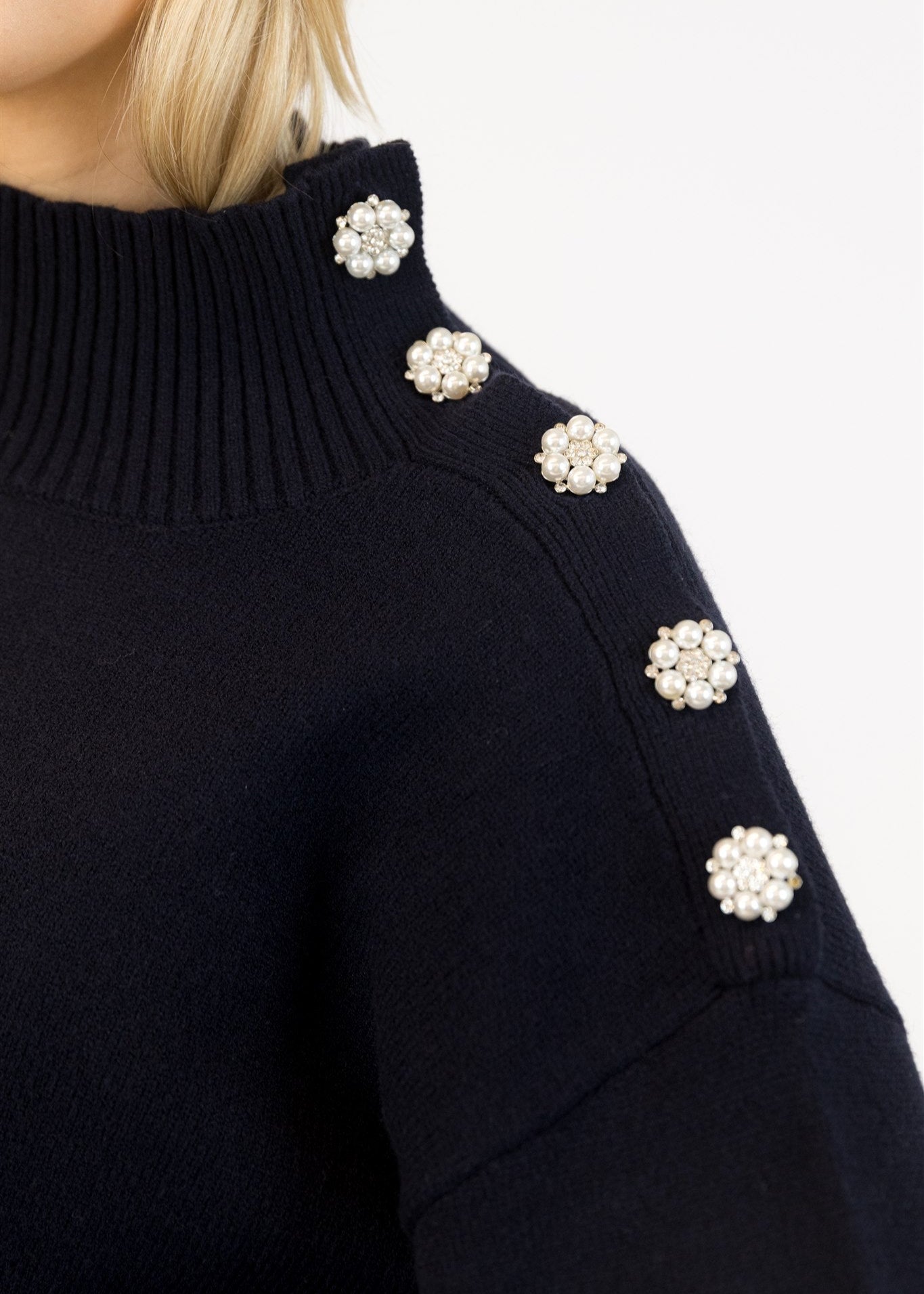 Lyla & Luxe Crystal Buttons Mock Neck Sweater Navy