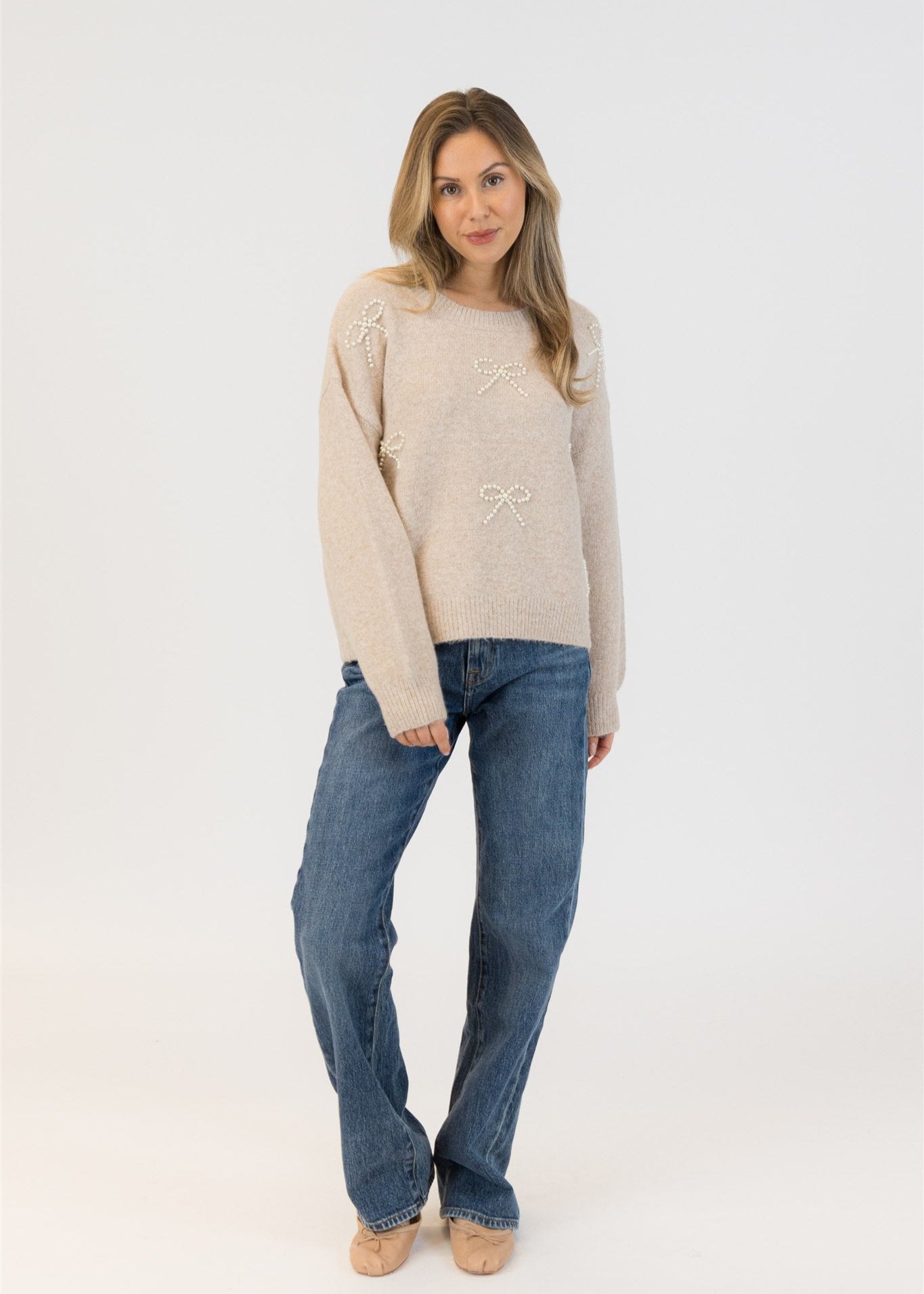 Lyla & Luxe Pearl Bows Crew Neck Pull Over Sweater Beige