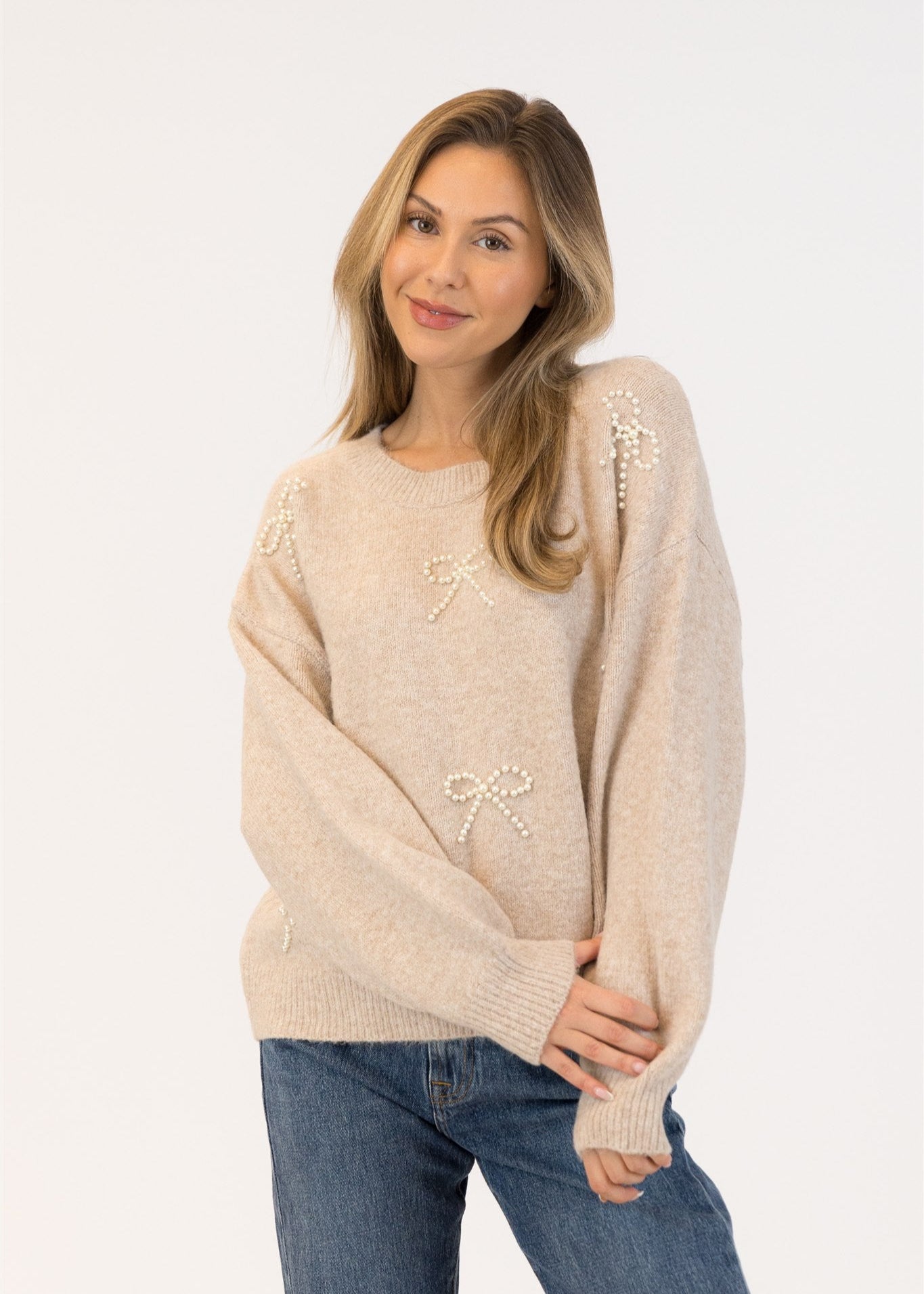 Lyla & Luxe Pearl Bows Crew Neck Pull Over Sweater Beige