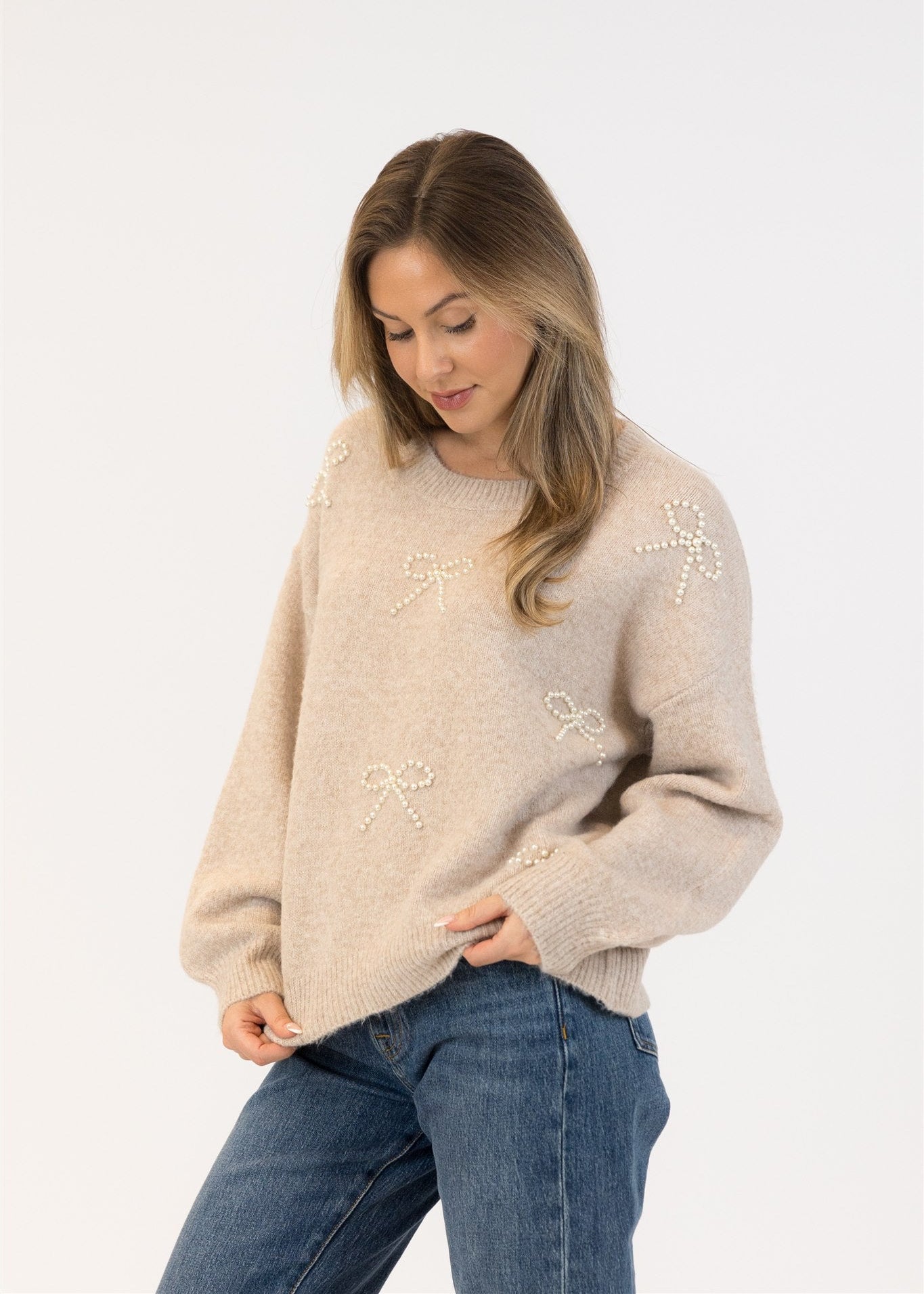 Lyla & Luxe Pearl Bows Crew Neck Pull Over Sweater Beige