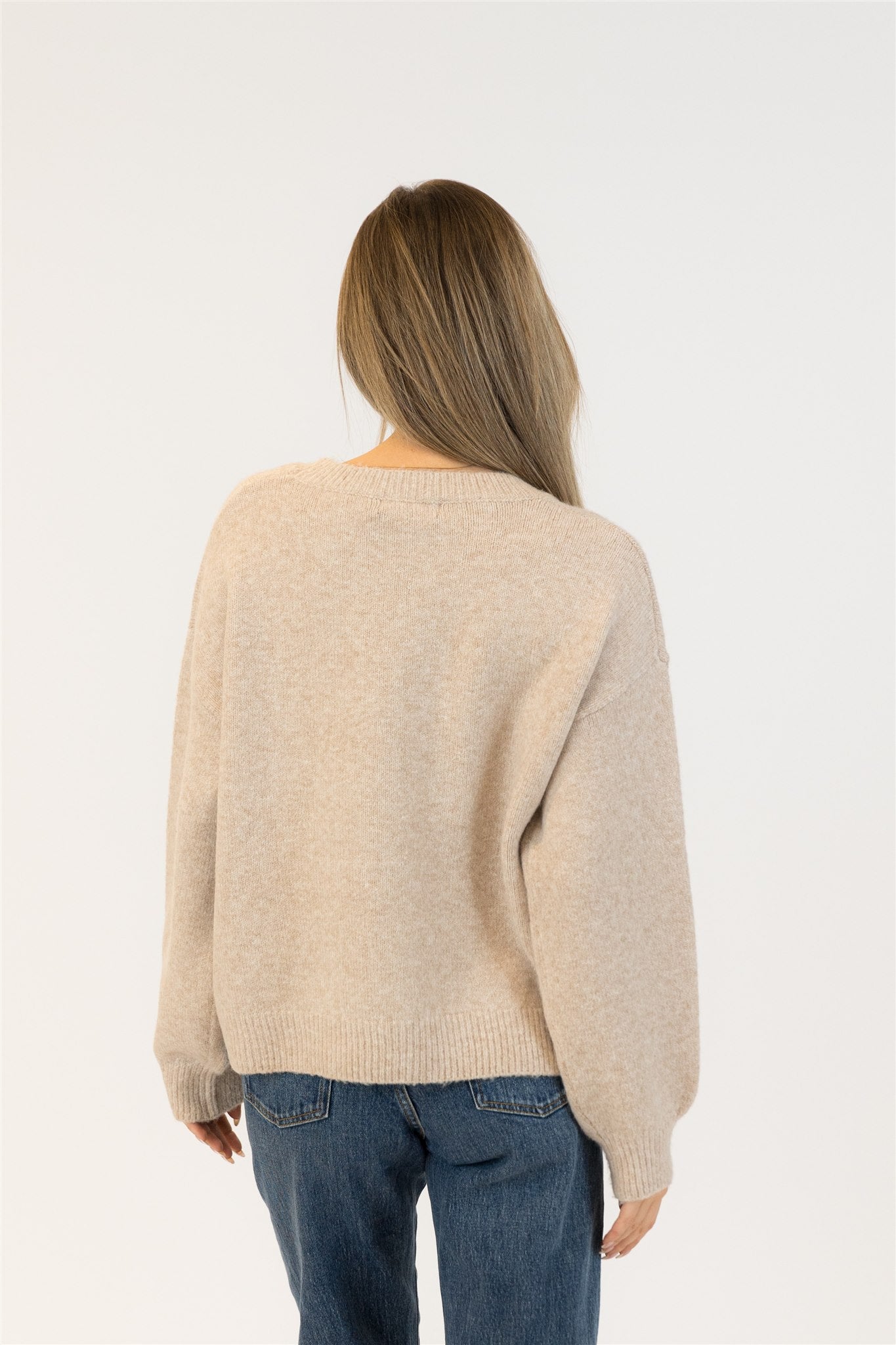 Lyla & Luxe Pearl Bows Crew Neck Pull Over Sweater Beige