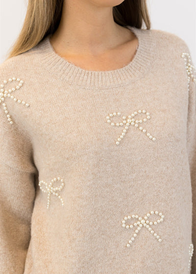 Lyla & Luxe Pearl Bows Crew Neck Pull Over Sweater Beige