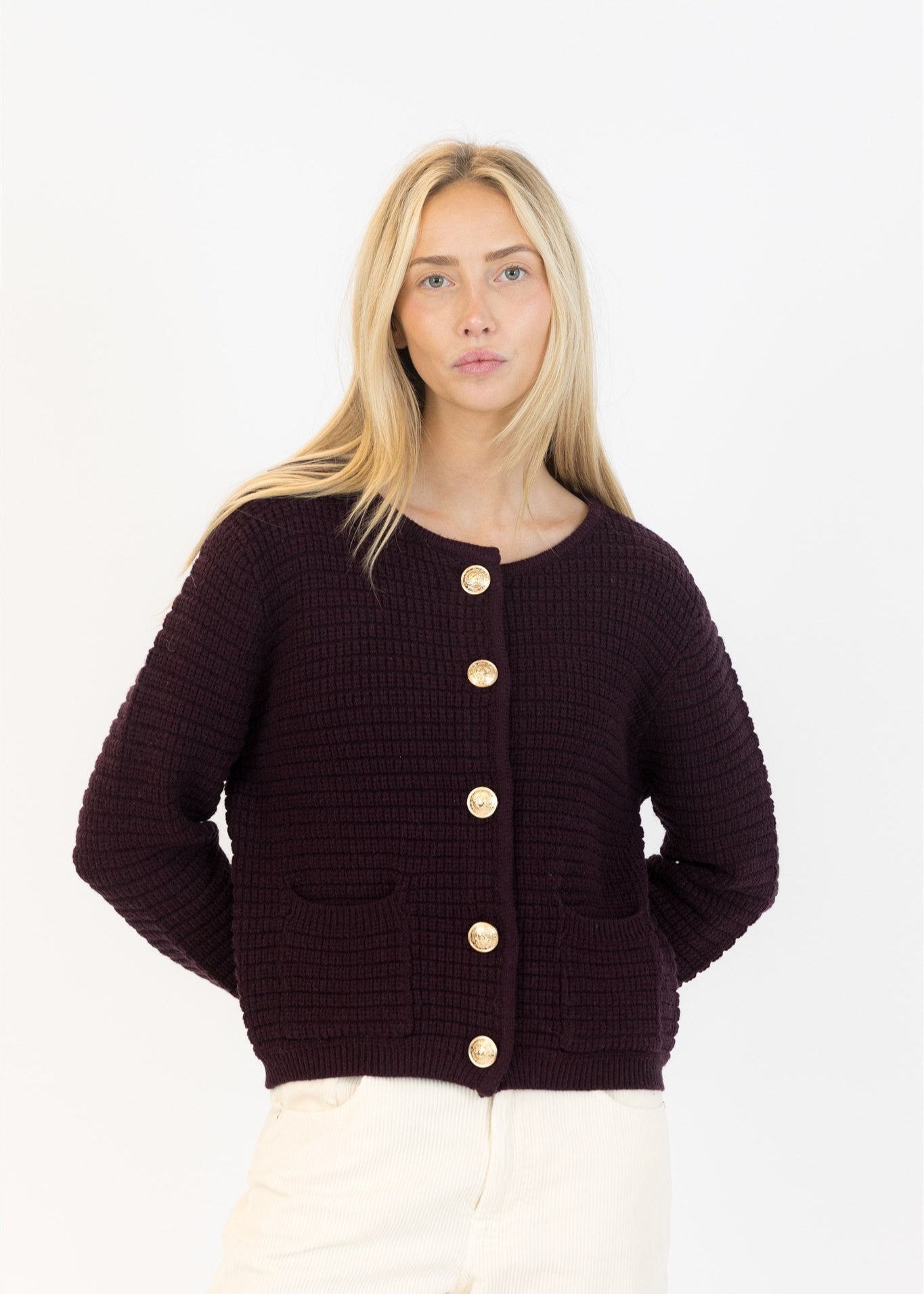 Lyla & Luxe Brenda Gold Buttons Cardigan Burgundy