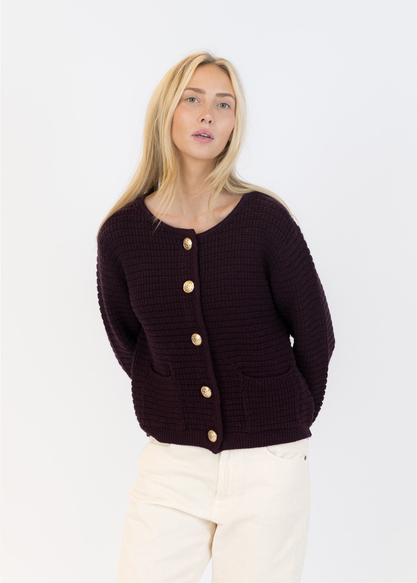 Lyla & Luxe Brenda Gold Buttons Cardigan Burgundy