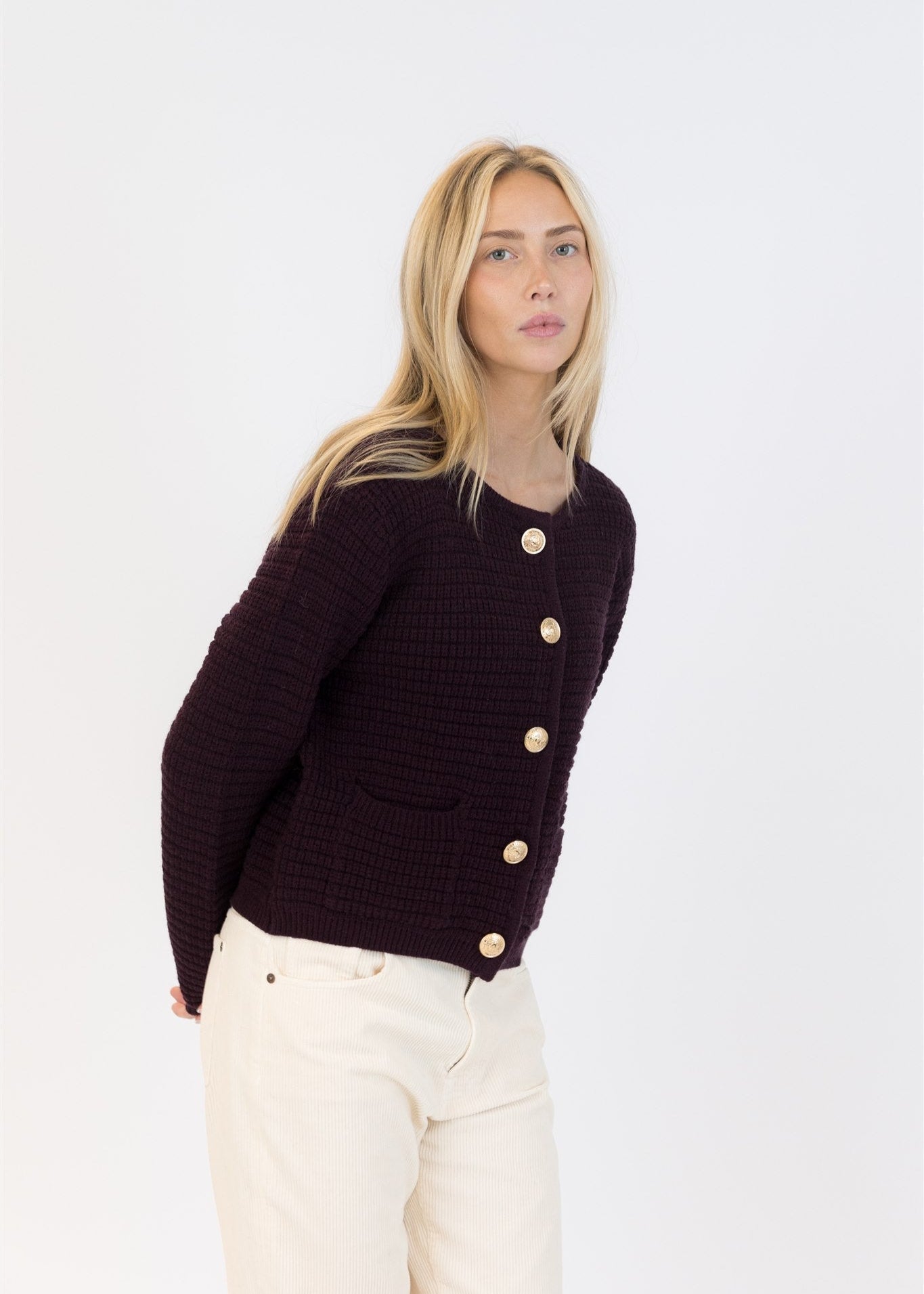 Lyla & Luxe Brenda Gold Buttons Cardigan Burgundy