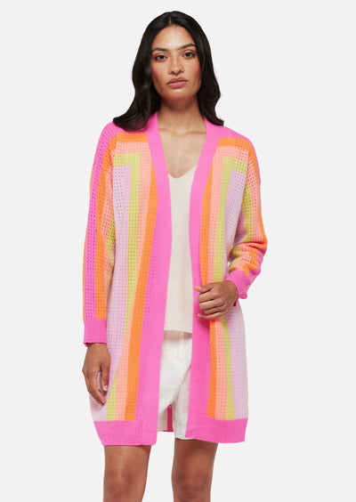 Brodie Rainbow Open Pointelle Long Cardigan - Barbie Pink/Neon Orange