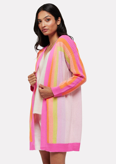 Brodie Rainbow Open Pointelle Long Cardigan - Barbie Pink/Neon Orange