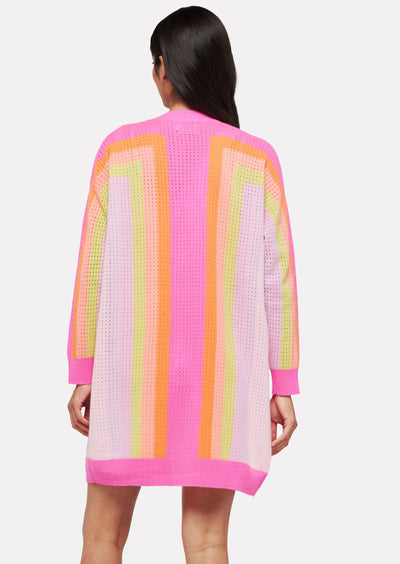 Brodie Rainbow Open Pointelle Long Cardigan - Barbie Pink/Neon Orange