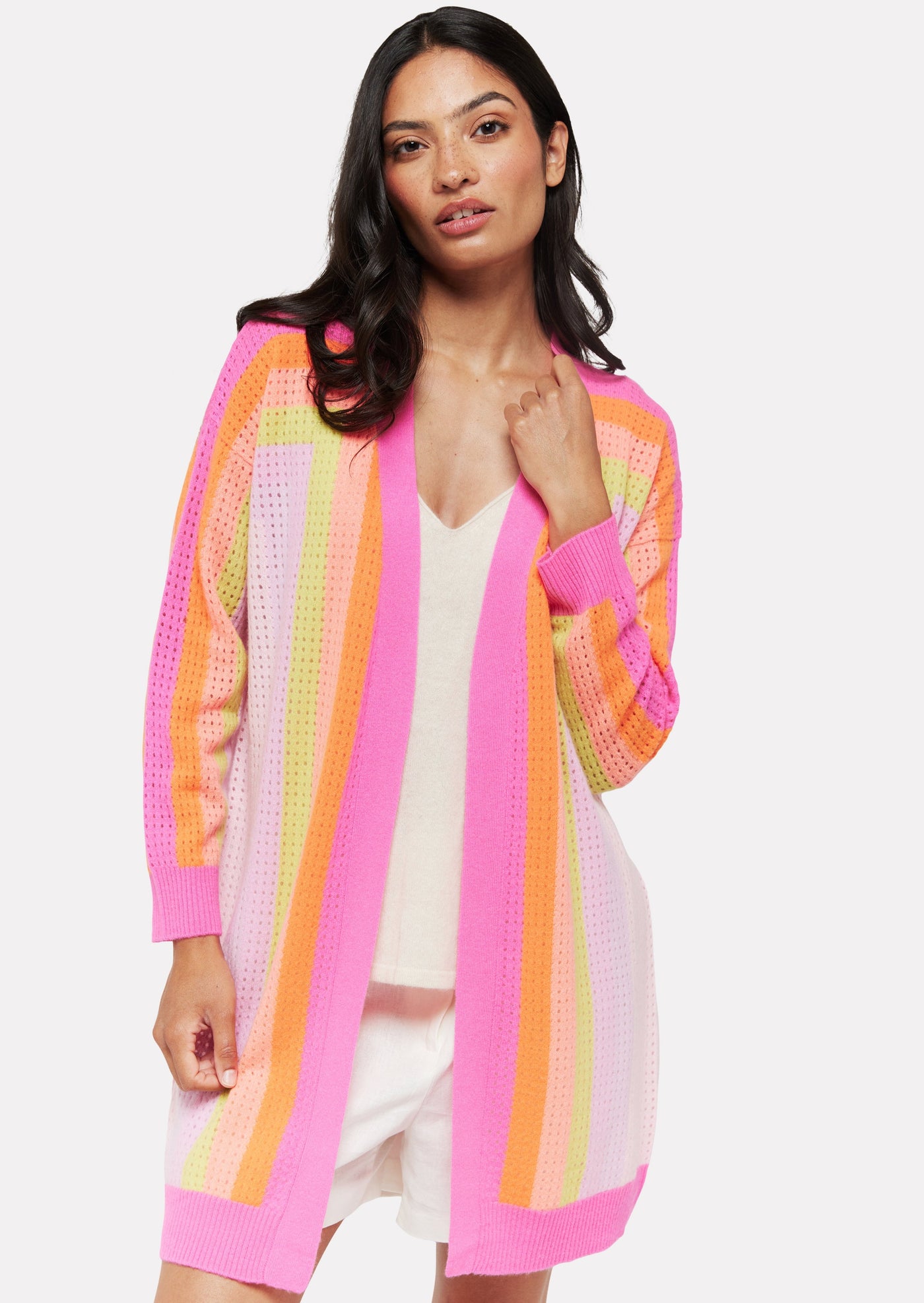 Brodie Rainbow Open Pointelle Long Cardigan - Barbie Pink/Neon Orange