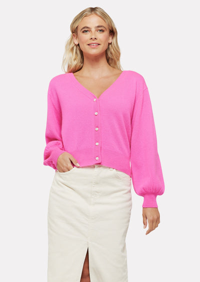 Brodie Pointelle Short Cardigan w/ Pearl Buttons - Barbie Pink