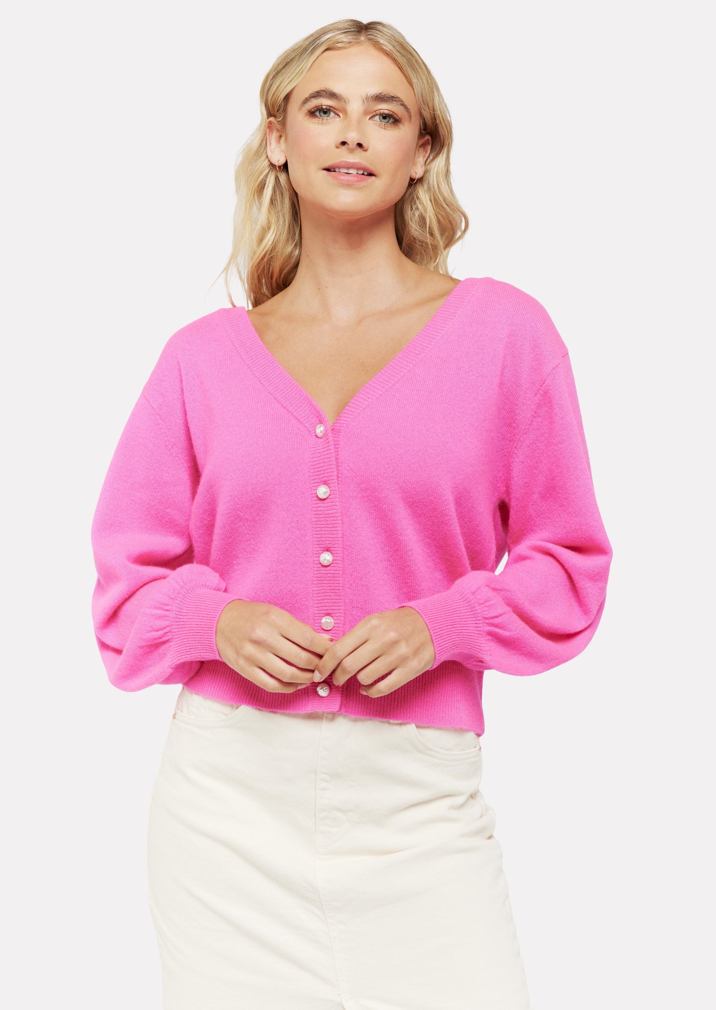 Brodie Pointelle Short Cardigan w/ Pearl Buttons - Barbie Pink