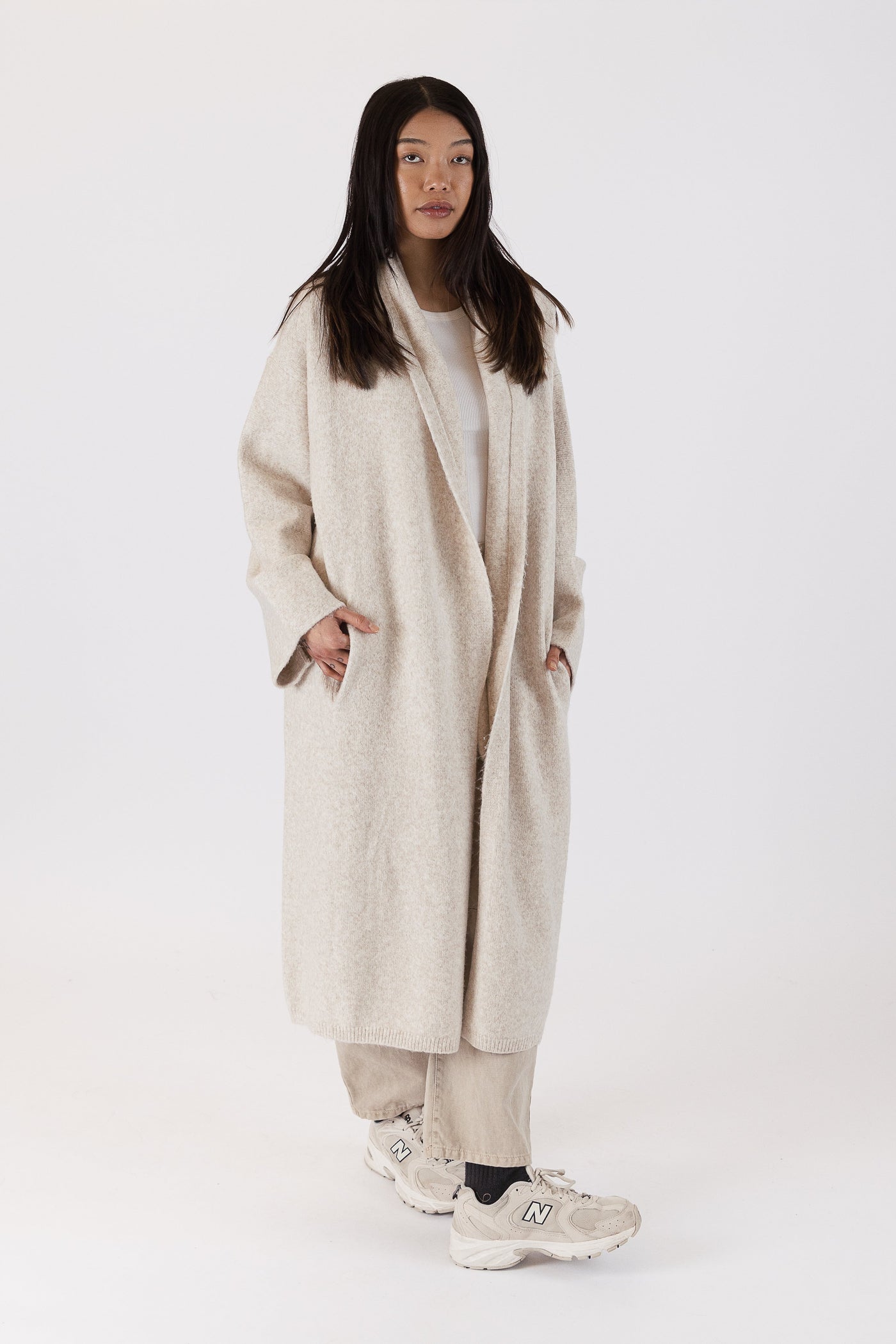 The Pink Door Shawl Collar Knit Coat - Beige